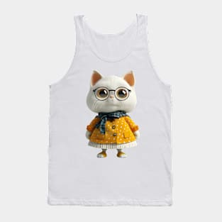 Big Eyes Cute Cat Wearing Glasses And Scarf Tank Top